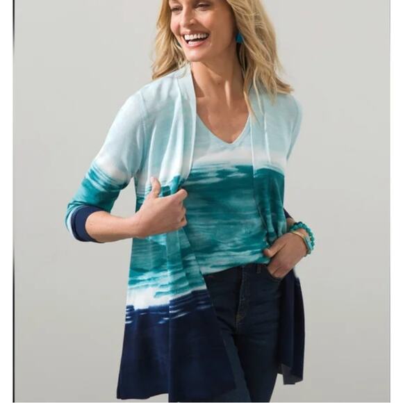 Chico's Ocean Spun Rayon Ombre Hanky Hem Cardigan Tank Set Womans Large - Picture 1 of 12